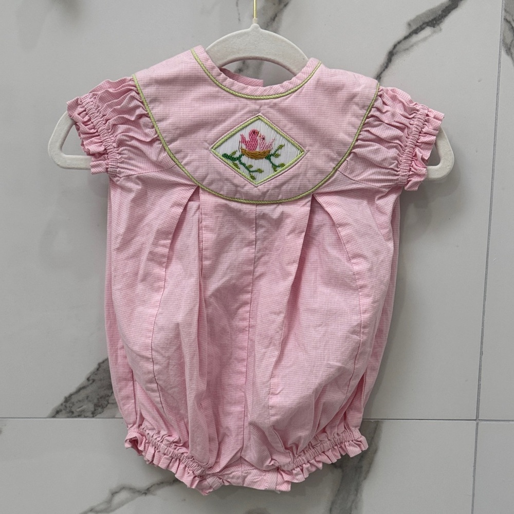 Baby Pink Smocked One Piece with Embroidered Detail